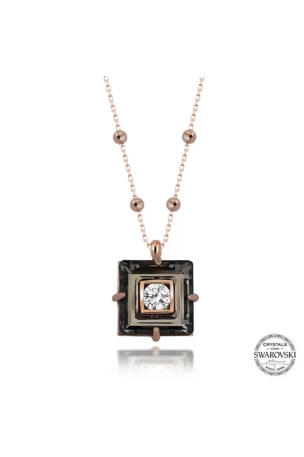 Luz&Pos Swarovski Crystal Taşlı Rose Top Zincir Siyah Elmas Gümüş Kadın Kolye