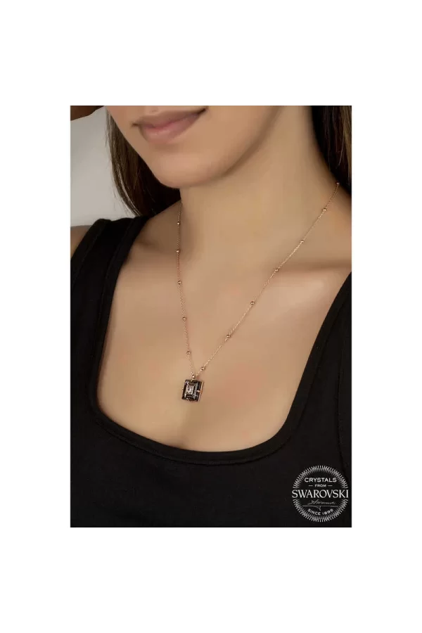 Luz&Pos Swarovski Crystal Taşlı Rose Top Zincir Siyah Elmas Gümüş Kadın Kolye