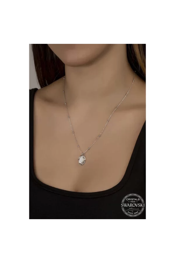 Luz&Pos Swarovski Crystal Taşlı Top Zincir Oval Gümüş Kadın Kolye