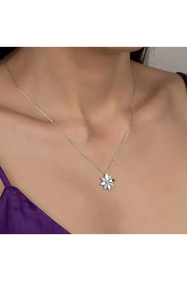 Luz&Pos Swarovski Taşlı Gümüş Çiçek Bayan Kolye