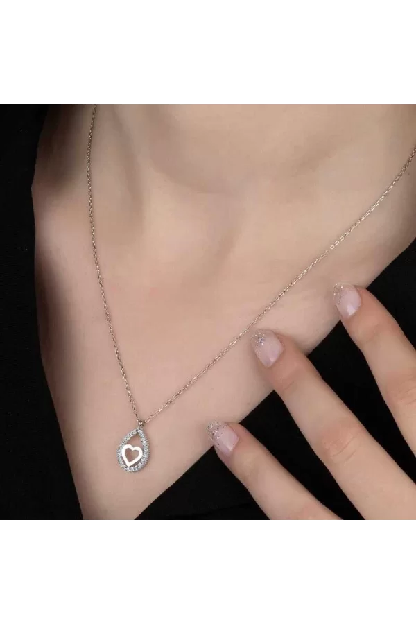 Luz&Pos Swarovski Taşlı Gümüş Damla Kalp Bayan Kolye