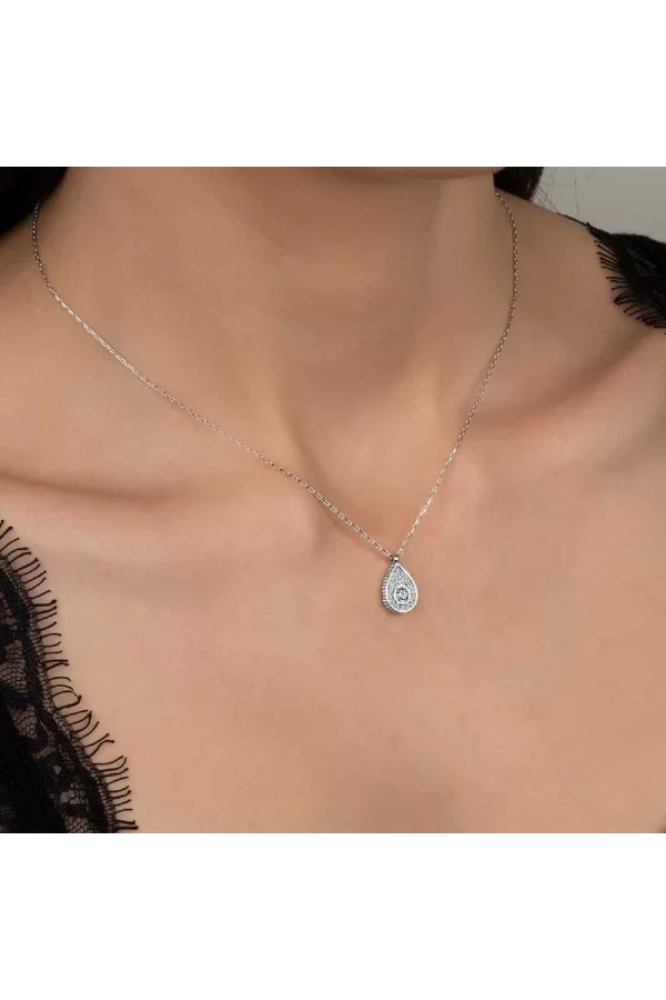 Luz&Pos Swarovski Taşlı Gümüş Damla Tektaş Bayan Kolye