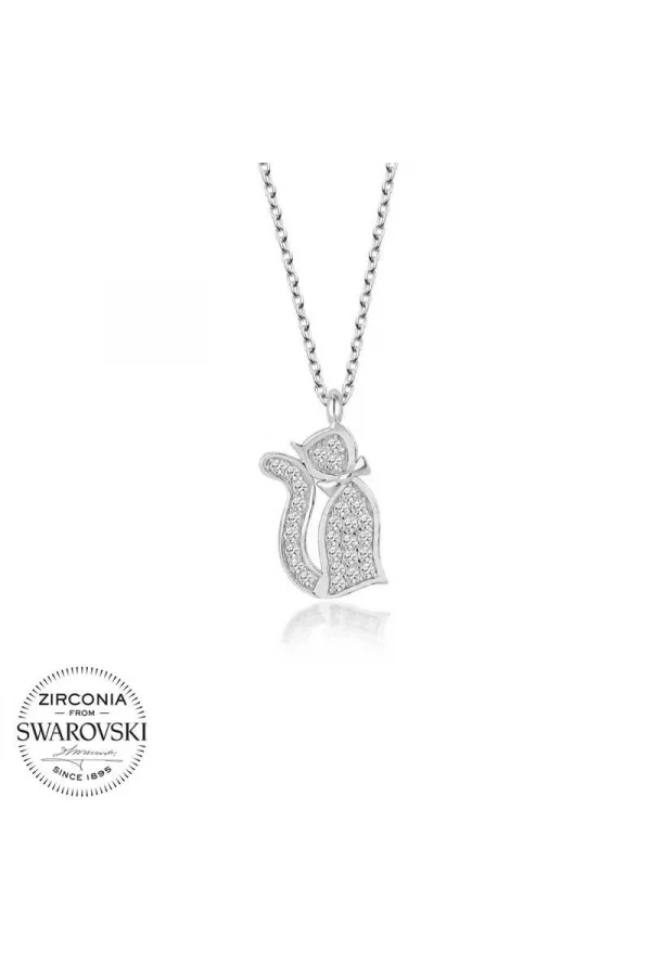 Luz&Pos Swarovski Taşlı Gümüş Kedi Bayan Kolye