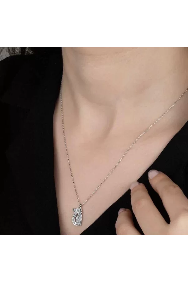 Luz&Pos Swarovski Taşlı Gümüş Kedi Bayan Kolye