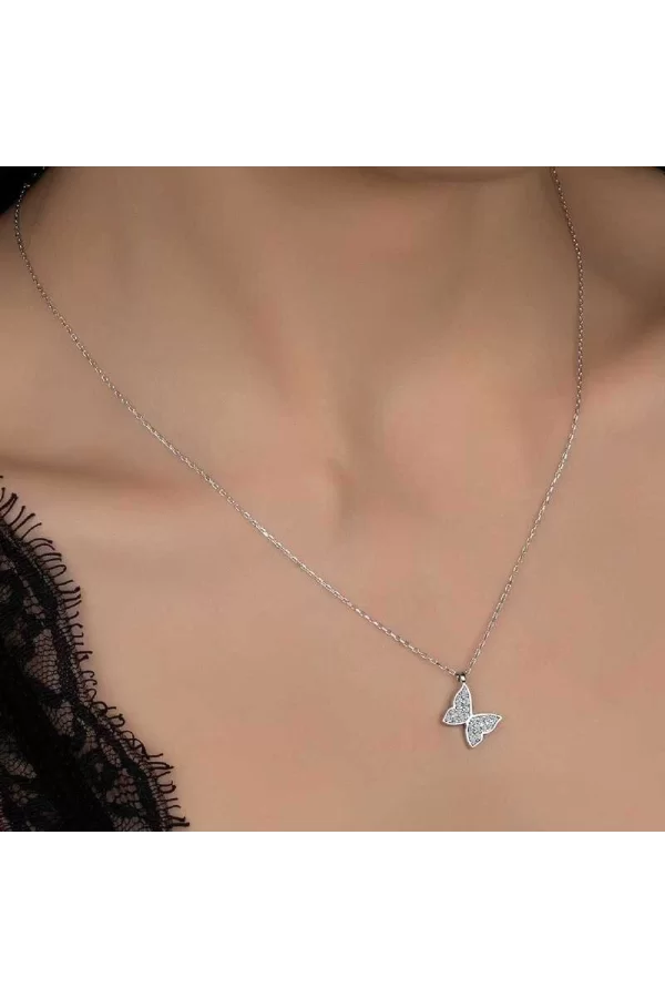 Luz&Pos Swarovski Taşlı Gümüş Kelebek Bayan Kolye
