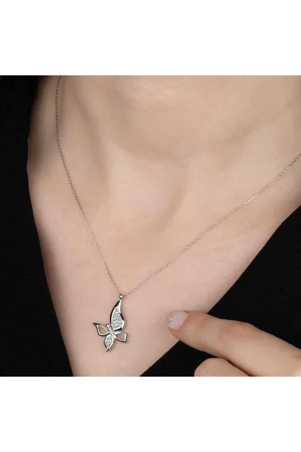 Luz&Pos Swarovski Taşlı Gümüş Kelebek Bayan Kolye