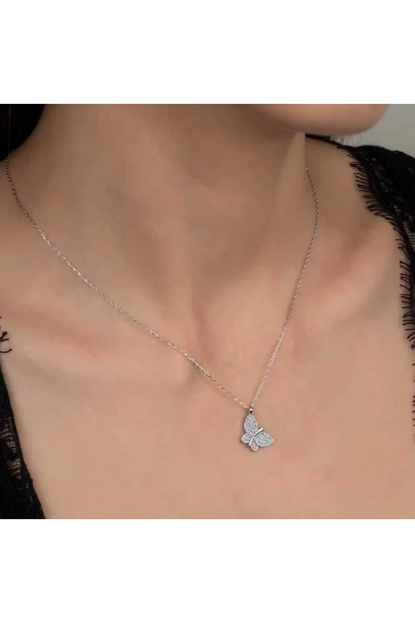 Luz&Pos Swarovski Taşlı Gümüş Kelebek Bayan Kolye
