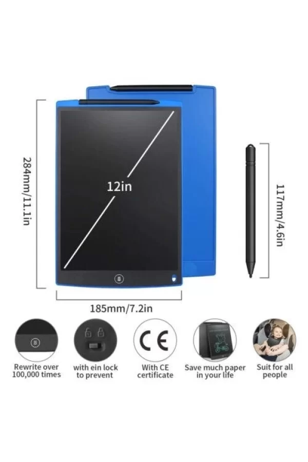T12 Siyah Writing Tablet Lcd 12 Inç Dijital Kalemli Çizim Yazı Tahtası