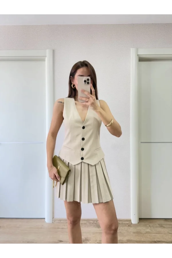 Takım Görünümlu Yelekli Mini Elbise- Bej