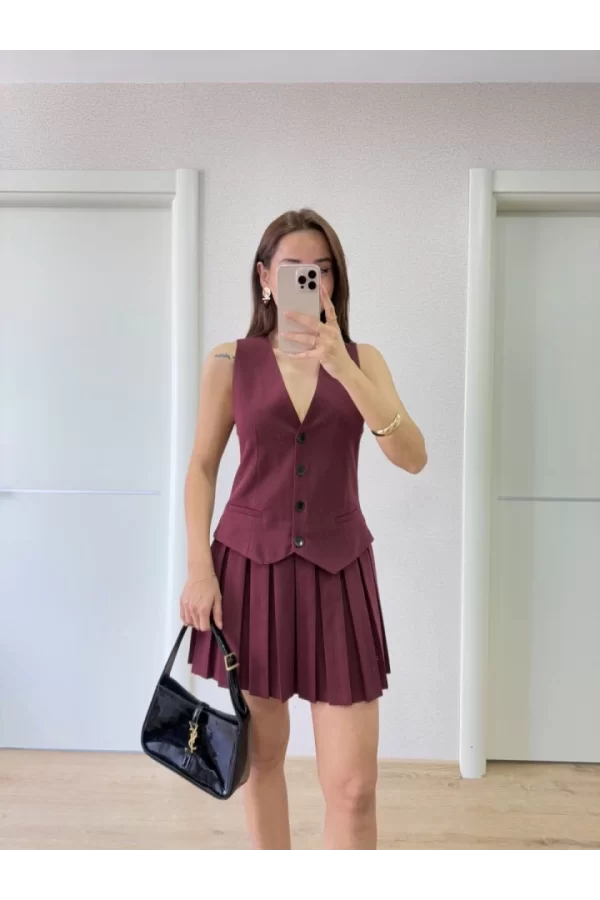 Takım Görünümlu Yelekli Mini Elbise- Bordo