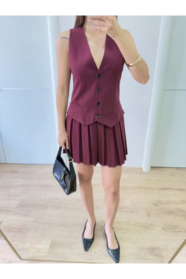 Takım Görünümlu Yelekli Mini Elbise- Bordo