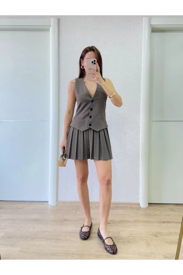 Takım Görünümlu Yelekli Mini Elbise- Füme