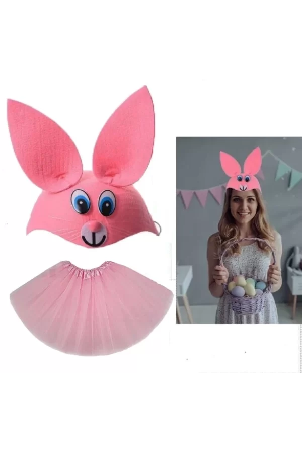 Tavşan Kostümü Pembe - 23 Nisan Tavşan Şapka Ve Tütü Etek Seti 2 Parça