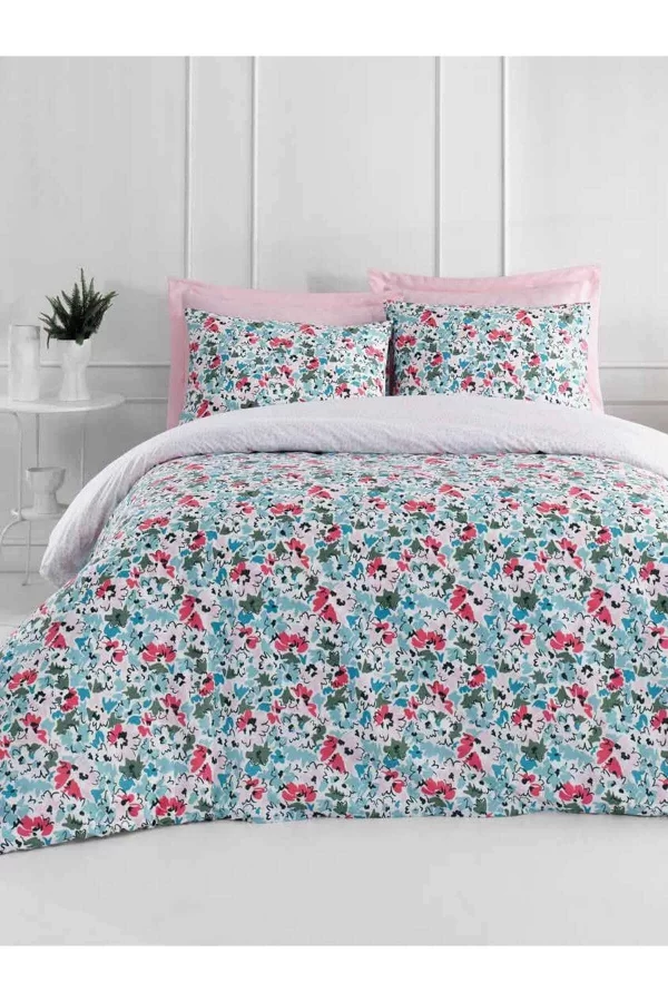 Tek Kişilik Pamuklu Nevresim Takımı Fitted Çarşaflı Lastikli Aida Pink Puff