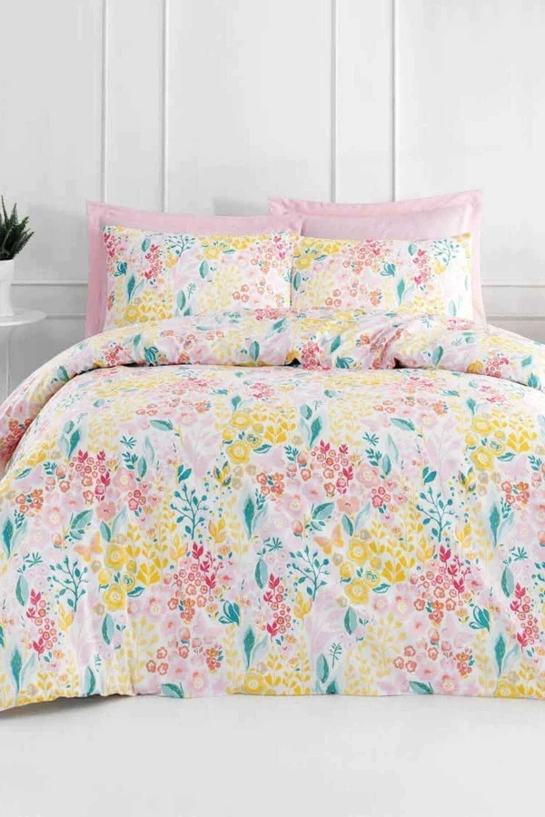 Tek Kişilik Pamuklu Nevresim Takımı Fitted Çarşaflı Lastikli Frida Pink Puff