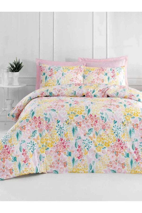 Tek Kişilik Pamuklu Nevresim Takımı Fitted Çarşaflı Lastikli Frida Pink Puff