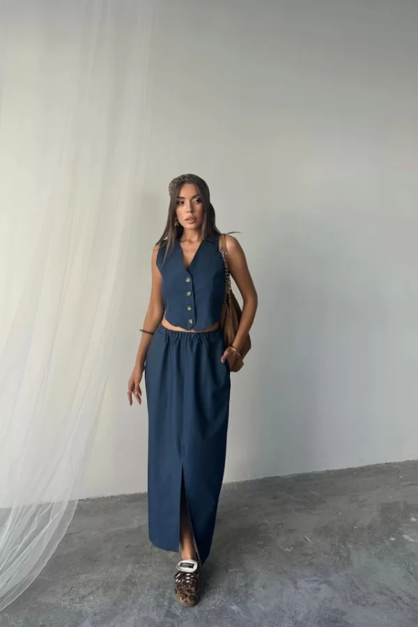 TENCEL YELEK - YIRTMAÇLI ETEK TAKIM - İndigo