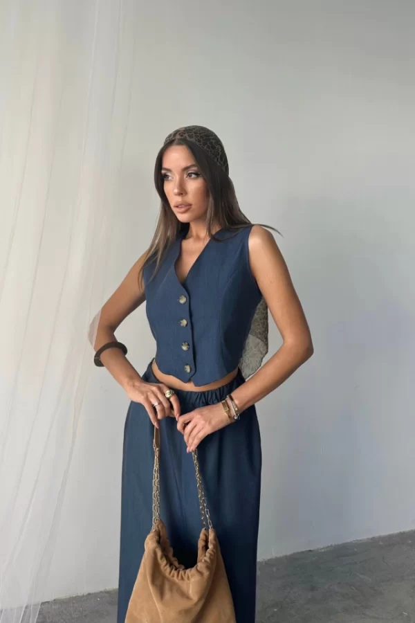 TENCEL YELEK - YIRTMAÇLI ETEK TAKIM - İndigo