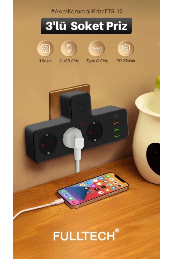 Termal Akım Korumalı Isıya Dayanıklı 3’lü Priz 3x Usb 1x Type-c