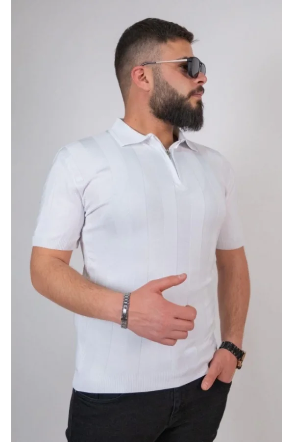Triko Dokuma Yarım Fermuarlı Yakalı T-shirt - Beyaz