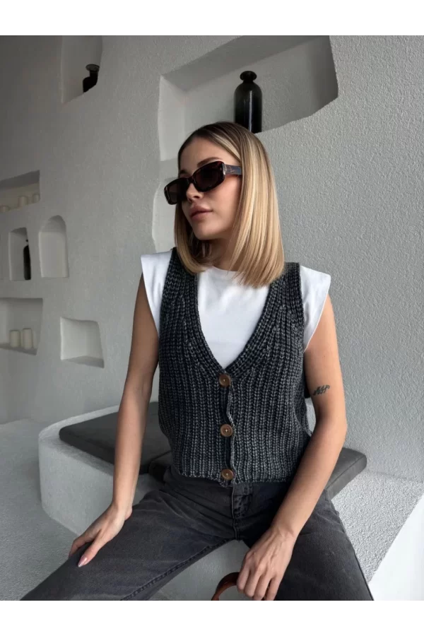 Luz&Pos Triko Kolsuz Düğmeli Yelek - Siyah