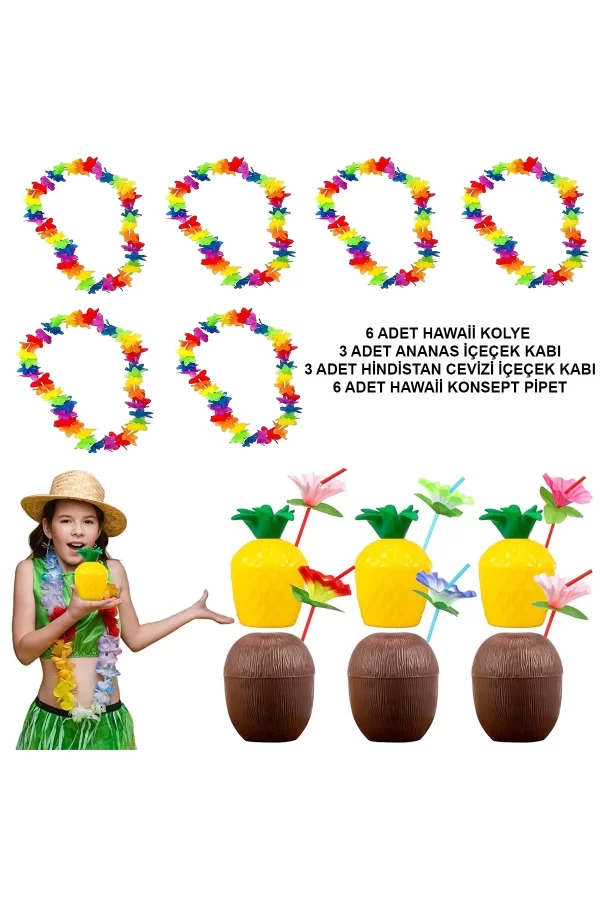Tropikal Hawaii Parti Malzemeleri – Kolye, Pipet, Bardak Seti