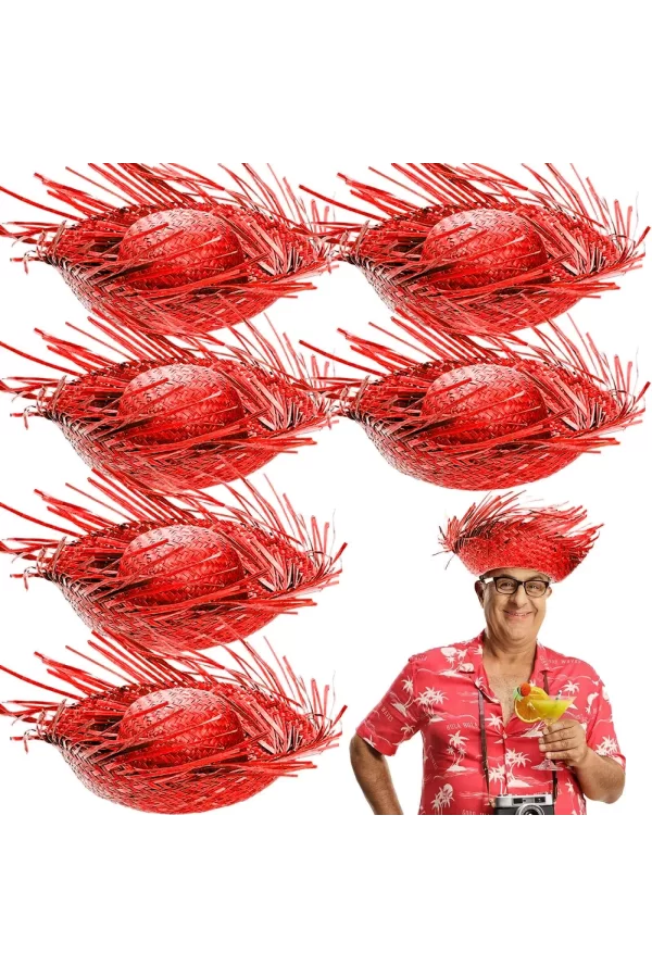 Tropikal Parti Kırmızı Hasır Hawaii Şapkası 13x36 Cm