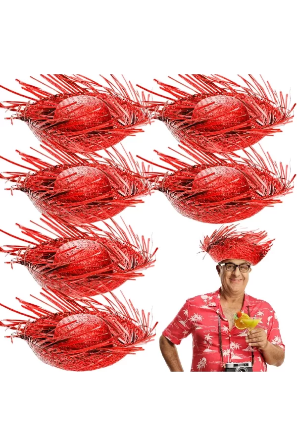 Tropikal Parti Kırmızı Hasır Hawaii Şapkası 13x36 Cm