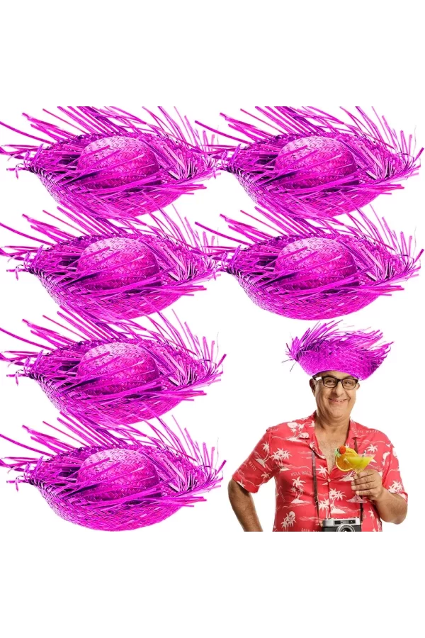Tropikal Parti Pembe Fuşya Hasır Hawaii Şapkası 13x36 Cm