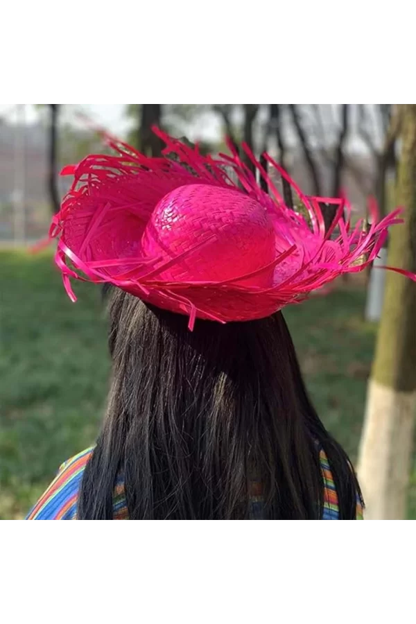 Tropikal Parti Pembe Fuşya Hasır Hawaii Şapkası 13x36 Cm