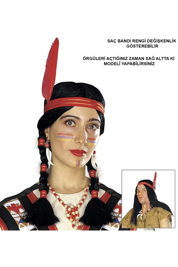 Tüylü Örgülü Hint Peruğu Kızılderili Peruğu