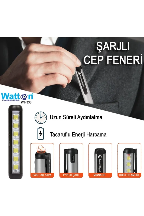 Type-c Girişli Mıknatıslı Şarjlı Cep Feneri  Wt-333