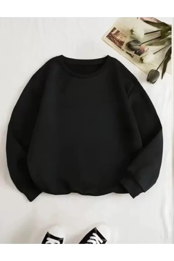 Üç İplik Biskilet Yaka Basic SweatShirt - Siyah