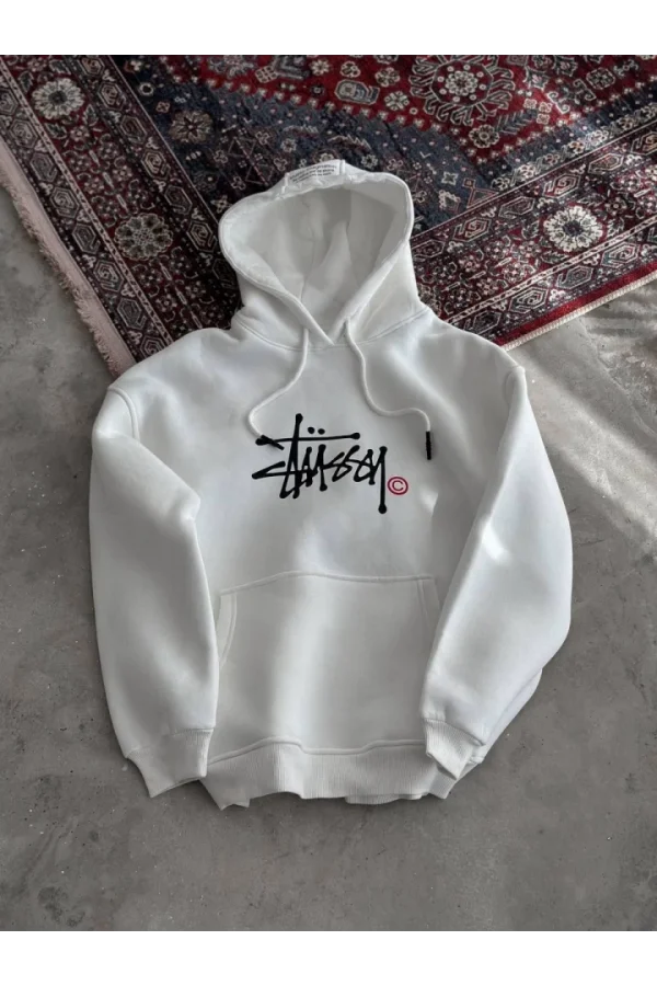 Üç İplik Kapşonlu Baskılı SweatShirt - Beyaz