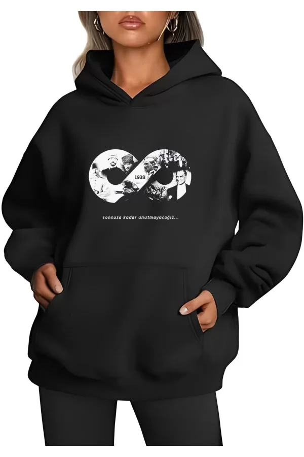 Luz&Pos Üç İplik Kapüşonlu 10 Kasıma Özel Sweatshirt - Siyah