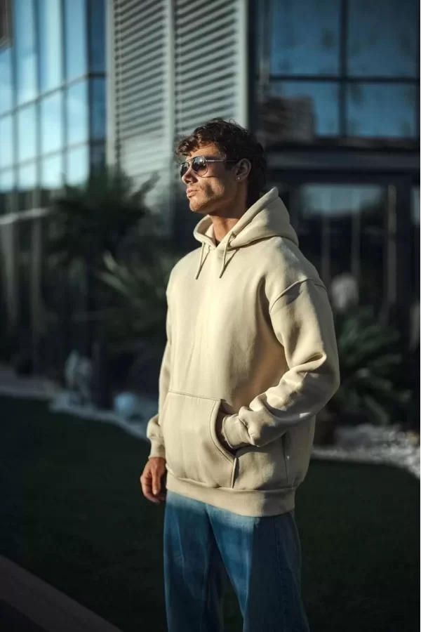 Luz&Pos Üç İplik Penye Kapüşonlu Basic Sweatshirt - Bej