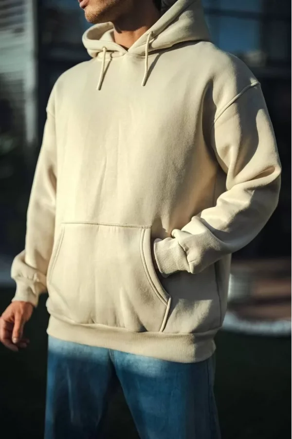 Luz&Pos Üç İplik Penye Kapüşonlu Basic Sweatshirt - Bej