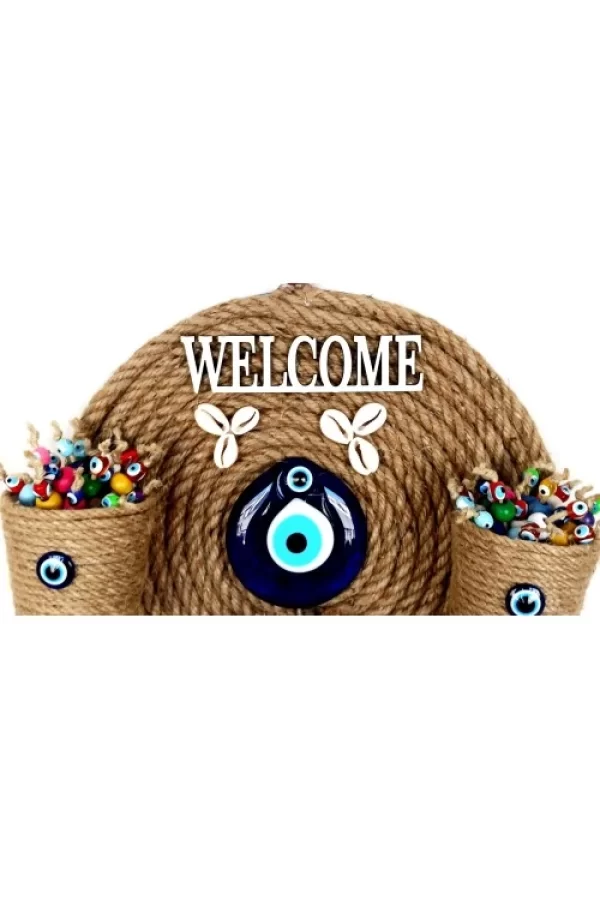 Üç Saksılı Welcome Yazılı Deniz Kabuklu Nazar Boncuklu Hasır Kapı Süsü