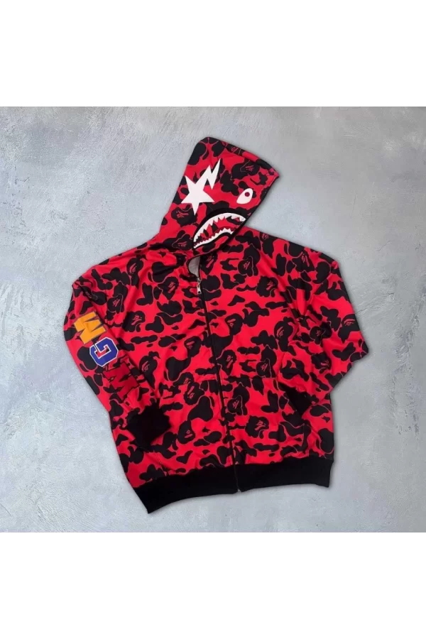 Unisex 2 İplik Bape Kapüşonu Fermuarlı Hırka - Kırmızı