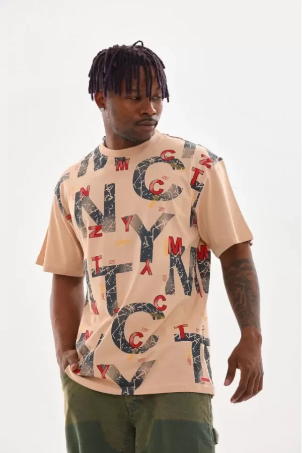 Unisex Baskılı Oversize T-Shirt - Bej