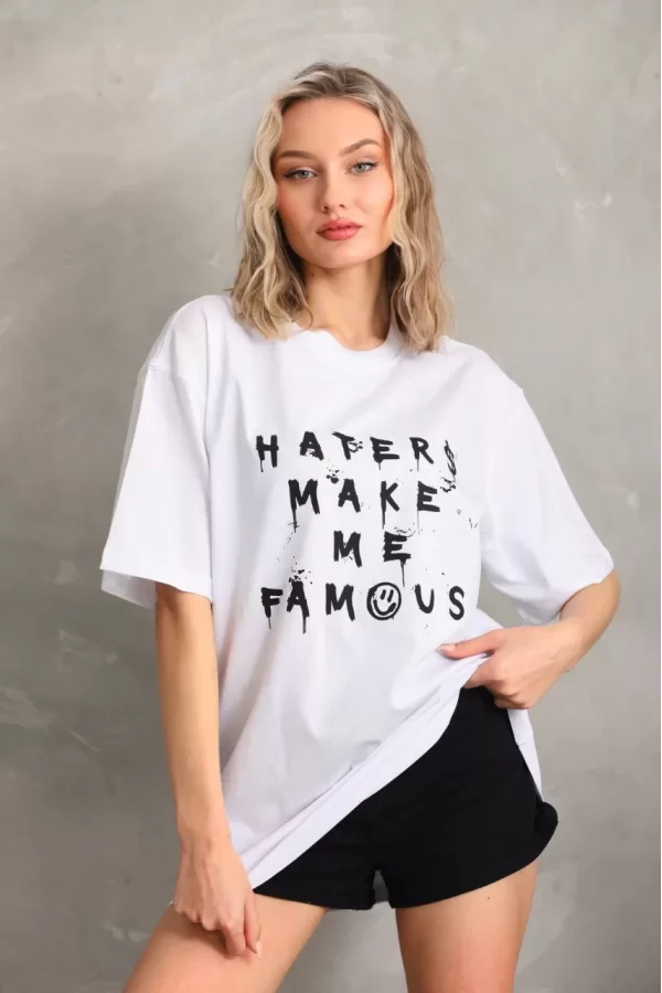 Luz&Pos Unisex Baskılı Oversize T-shirt - Beyaz