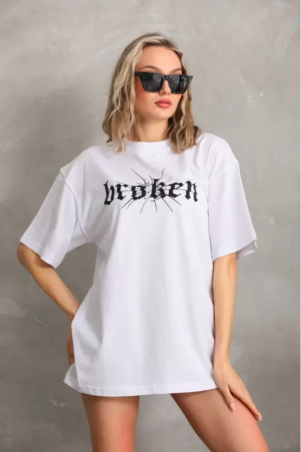 Luz&Pos Unisex Baskılı Oversize T-shirt - Beyaz