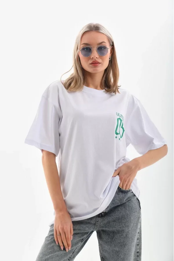 Luz&Pos Unisex Baskılı Oversize T-shirt - Beyaz