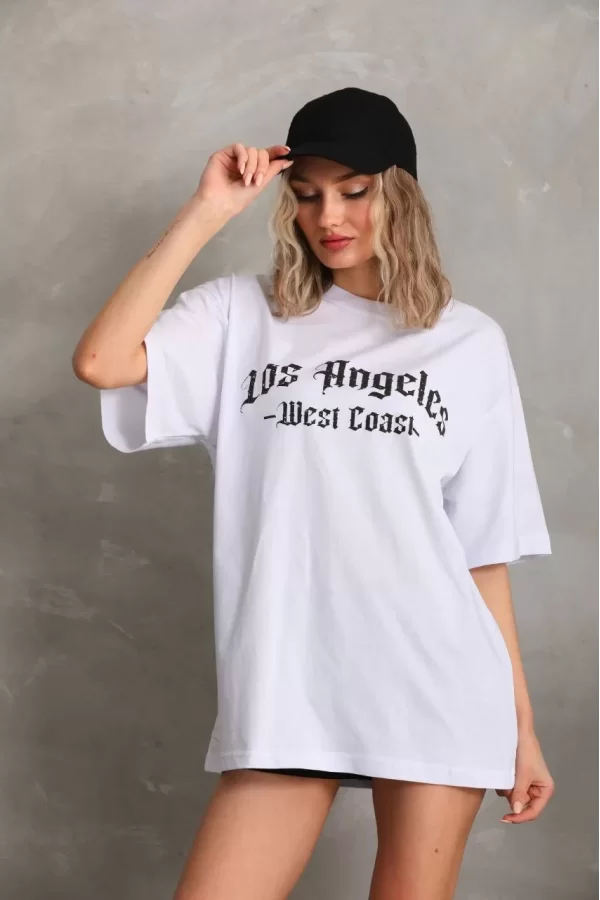 Luz&Pos Unisex Baskılı Oversize T-shirt - Beyaz