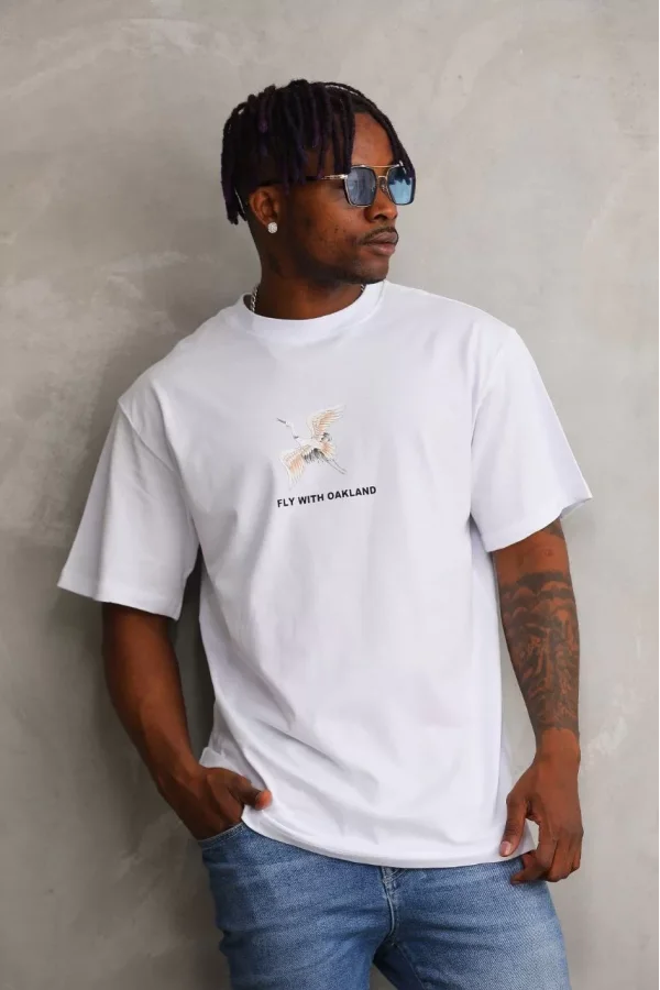 Luz&Pos Unisex Baskılı Oversize T-shirt - Beyaz