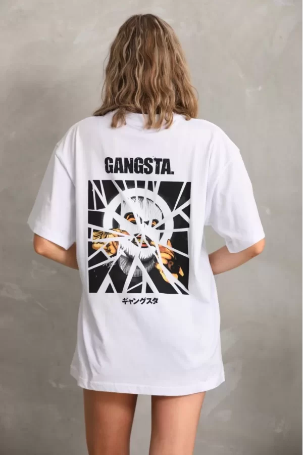 Luz&Pos Unisex Baskılı Oversize T-shirt - Beyaz