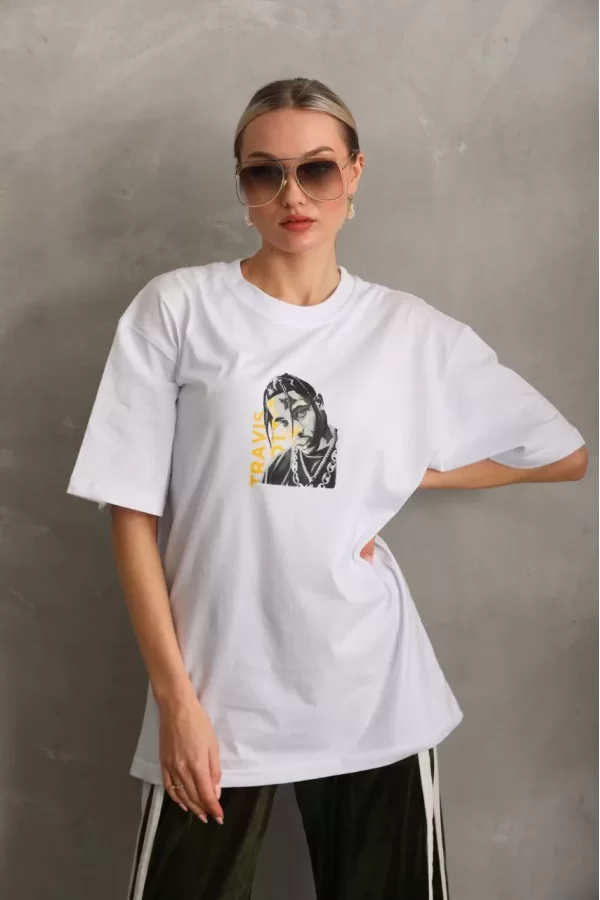 Luz&Pos Unisex Baskılı Oversize T-shirt - Beyaz