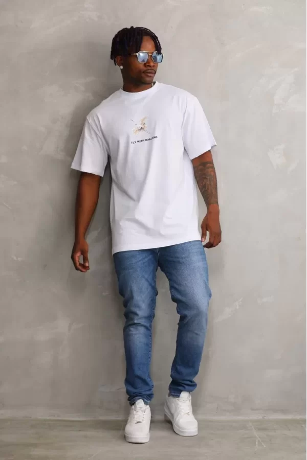 Luz&Pos Unisex Baskılı Oversize T-shirt - Beyaz