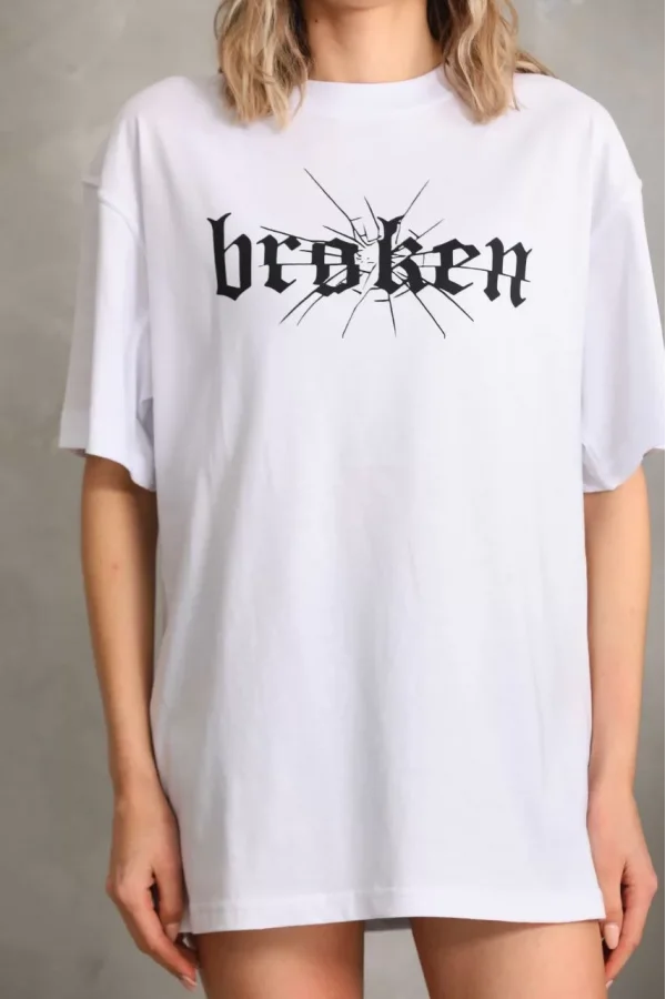 Luz&Pos Unisex Baskılı Oversize T-shirt - Beyaz