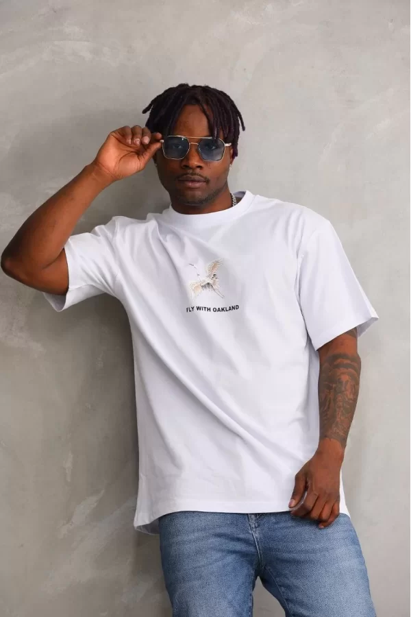 Luz&Pos Unisex Baskılı Oversize T-shirt - Beyaz